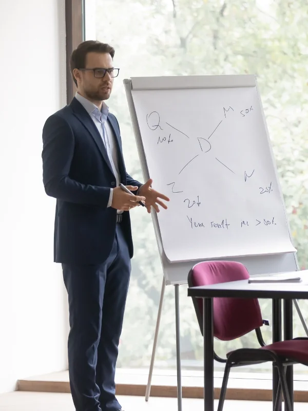 Berater erklärt Diagramm am Flipchart im Seminarraum, strategische Analyse und professionelle Unternehmensberatung im Bereich Consulting.