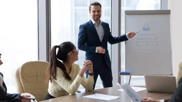 Trainer präsentiert Vertriebsprozess am Flipchart, aufmerksame Teilnehmer verfolgen praxisnahe Inhalte während professioneller Sales Trainings.