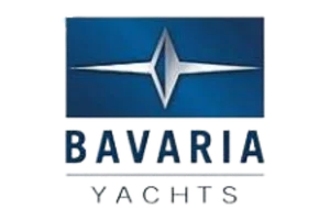 Blaues Bavaria Yachts Logo mit Sternsymbol und Schriftzug darunter, maritimes Marken-Logo auf dunklem Hintergrund.