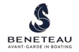 Dunkelblaues Beneteau Logo mit stilisiertem Seepferdchen und Schriftzug darunter, elegantes maritimes Marken-Logo.