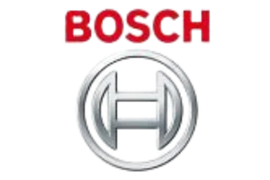 Rotes BOSCH Logo über grauem Rundsymbol auf dunklem Hintergrund, klassisches und hochwertiges Unternehmens-Logo.