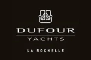 Schwarzes Dufour Yachts Logo mit weißem Symbol und Schriftzug „La Rochelle“, elegantes maritimes Marken-Logo.