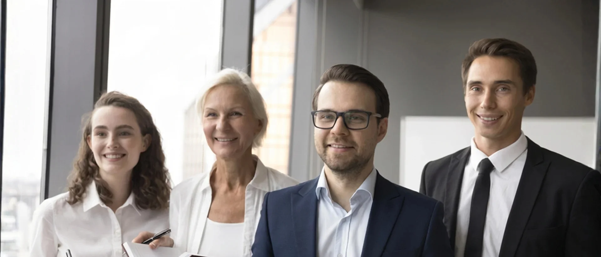 Vier Geschäftsleute stehen lächelnd im Büro, symbolisieren Teamwork, Vertrauen und Erfolg durch professionelle Beratung bei Lessig Consulting.