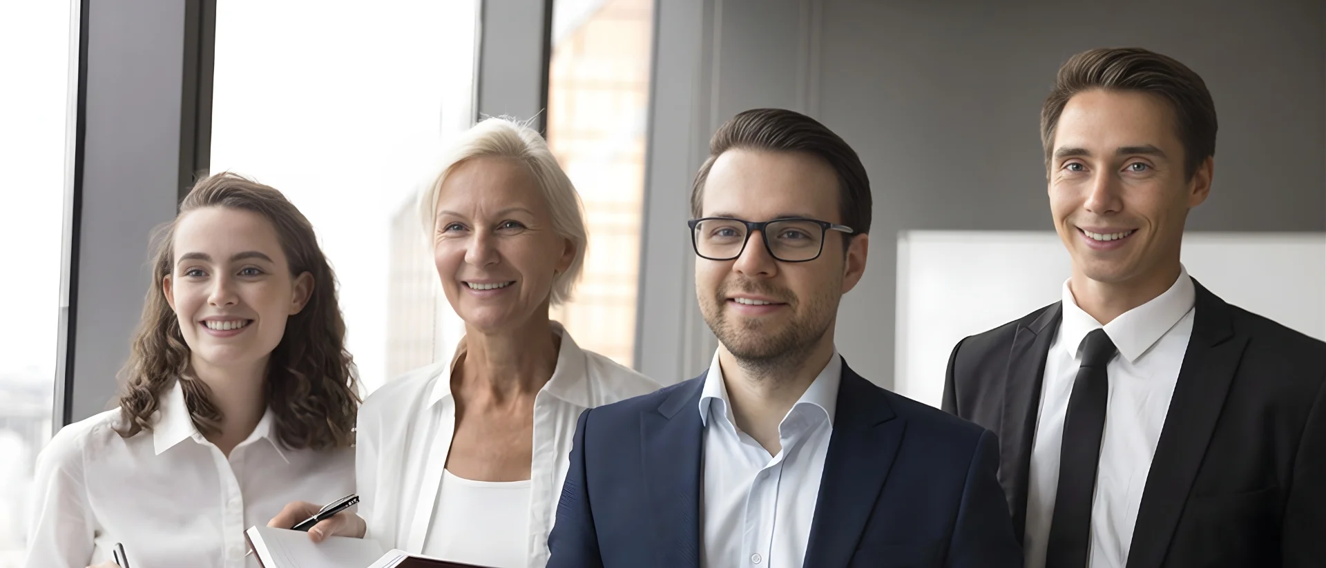 Vier Geschäftsleute stehen lächelnd im Büro, symbolisieren Teamwork, Vertrauen und Erfolg durch professionelle Beratung bei Lessig Consulting.