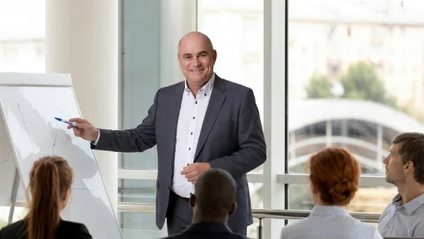 Berater präsentiert Diagramm vor Team im hellen Büro, praxisnahe Schulung und Strategieentwicklung bei Lessig Consulting für nachhaltigen Geschäftserfolg