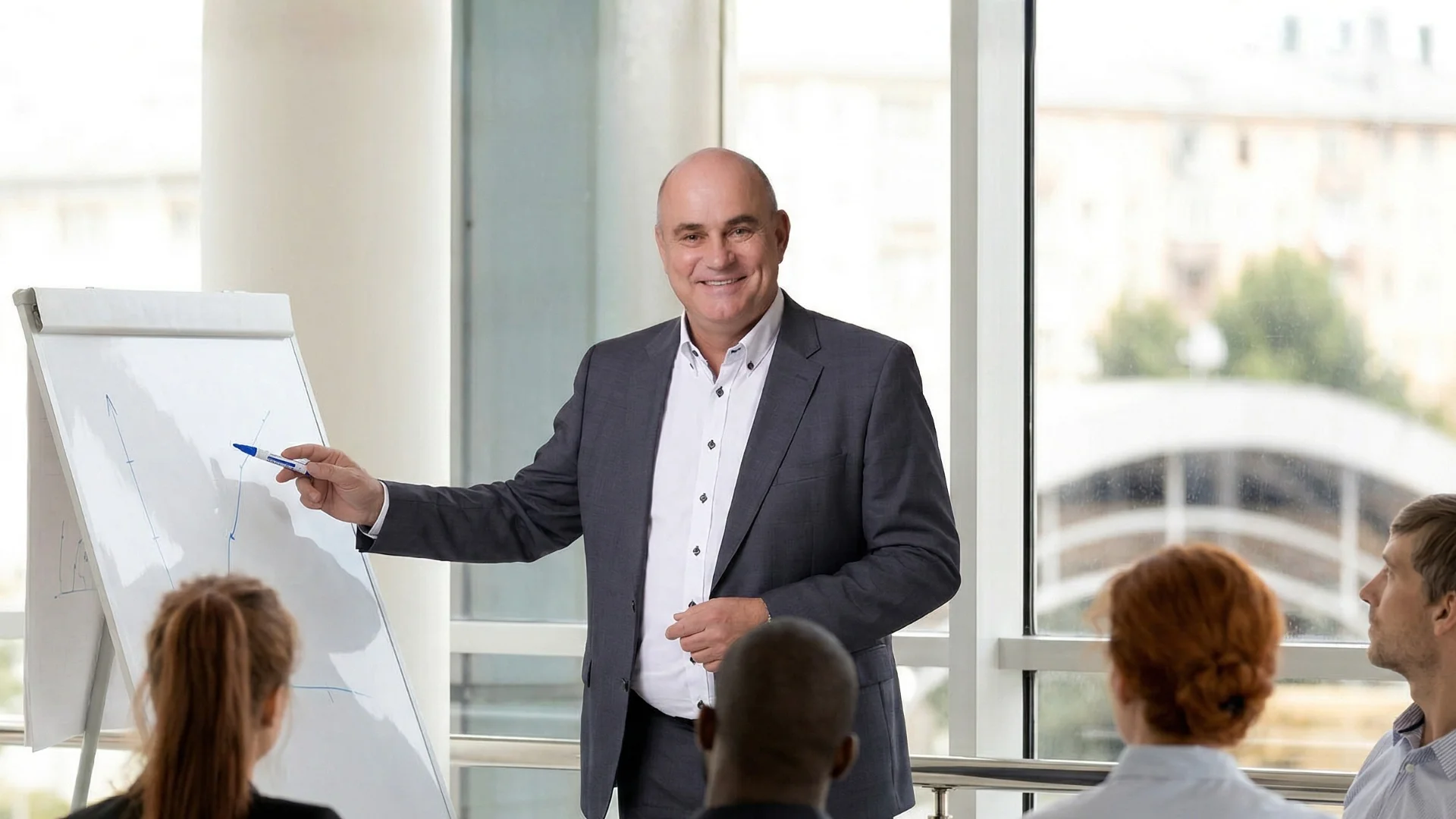 Berater präsentiert Diagramm vor Team im modernen Büro, professionelle Schulung und Strategieentwicklung bei Lessig Consulting für nachhaltigen Unternehmenserfolg